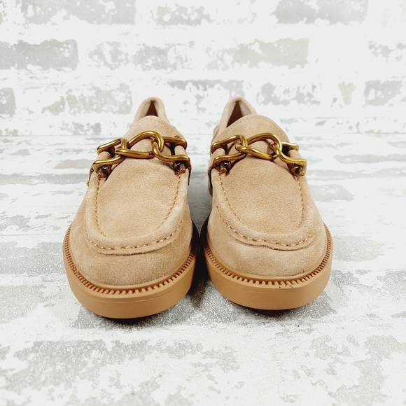 New Steve Madden Karmine Gleaming Tan Suede Goldtone Hardware Loafer W246 - Picture 5 of 9